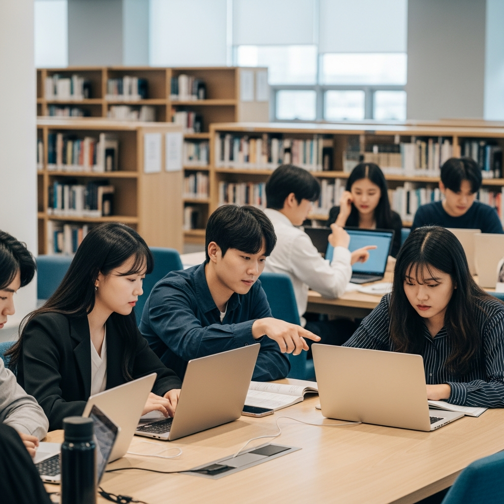 Young Korean computer science students preparing for job interviews, studying coding on laptops in a modern university library, focused expressions, natural lighting, contemporary atmosphere, lifestyle photography, no text