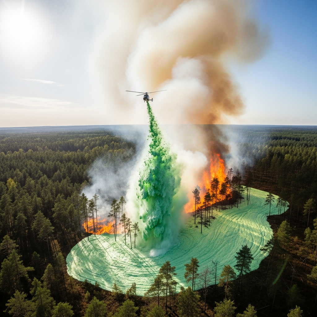 Eco-friendly firefighting foam application on forest fire, biodegradable fire retardant being deployed, sustainable firefighting technology, natural forest recovery scene, environmental protection focus, green technology visualization, no text