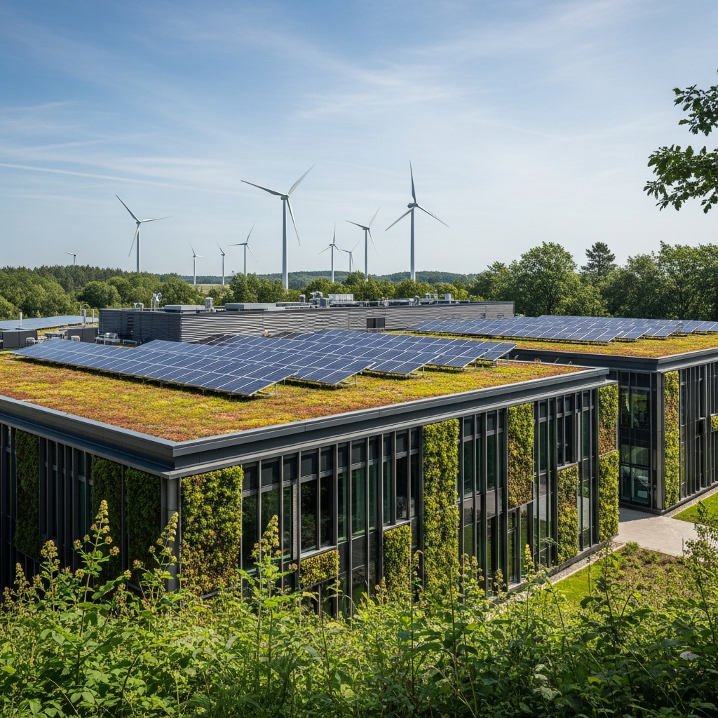 Sustainable data center powered by renewable energy sources, solar panels and wind turbines in background, green technology concept, bright natural lighting, eco-friendly architecture, environmental photography style, no text