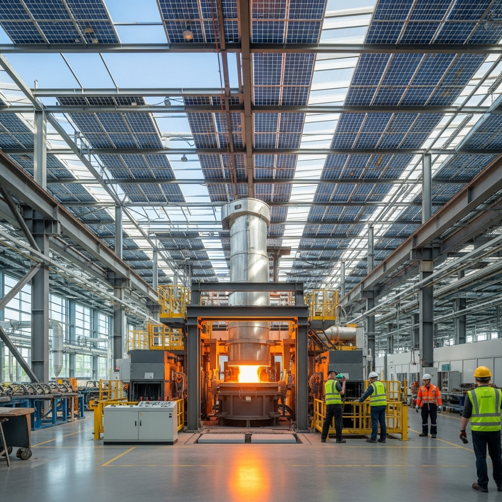 Modern green steel manufacturing facility with electric furnaces, clean industrial environment, solar panels on roof, workers in safety gear, bright natural lighting, futuristic industrial design, no text