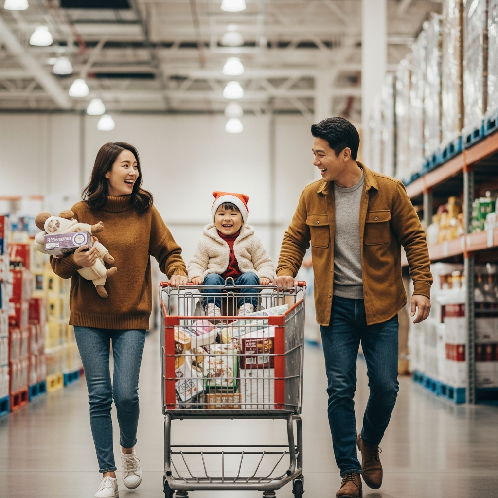 A happy Korean family, including parents and a child, cheerfully shopping in a brightly lit, spacious warehouse store similar to Costco. They are pushing a large, full shopping cart, filled with diverse products. The overall atmosphere is festive and warm, suggesting holiday shopping. Lifestyle photography, warm lighting, natural setting, textured background, centered focus, no text.
