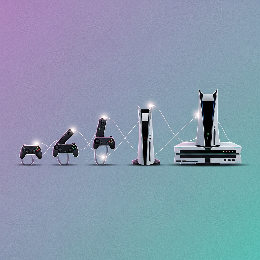 An artistic representation of game console evolution from the past to a futuristic console, connected by subtle, glowing lines. Emphasize the gradual, sophisticated technological advancements, not dramatic jumps. The background is a soft, gradient purple and teal, suggesting innovation. Style: illustration, artistic rendering, textured background. No visible text.