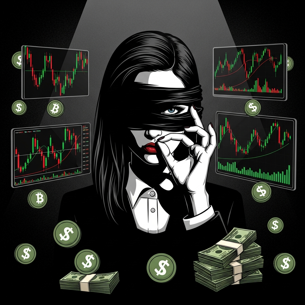 Illustration of a mysterious woman in a dimly lit room, surrounded by digital screens showing fluctuating cryptocurrency charts and stacks of fake money. Her face is partially obscured, suggesting secrecy and manipulation. Style: infographic, high contrast, textured background. No text.