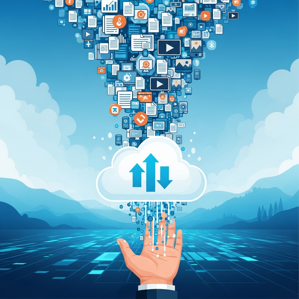 An illustrative image of a vast, expanding cloud storage represented by a stylized cloud symbol overflowing with data icons (documents, photos, videos), signifying limitless or huge storage capacity. A hand is reaching out to secure it. The background is a digital landscape with a gradient sky. No text, clean infographic, modern layout, high contrast.