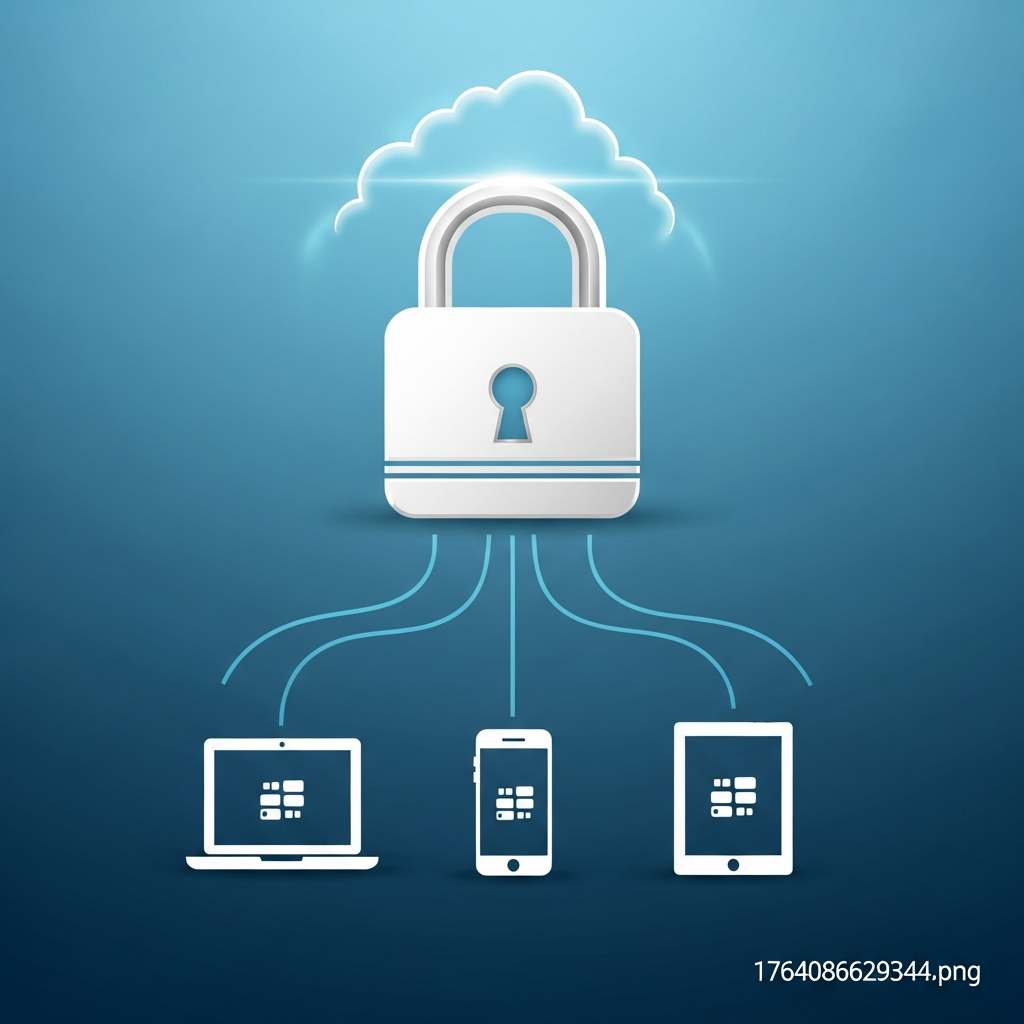 A modern infographic showing data being securely stored and accessed across multiple devices (laptop, smartphone, tablet) with a lock icon, representing cloud storage security. The background is a clean blue gradient. No visible text, clean lines, high contrast, clean infographic, modern layout, high contrast.