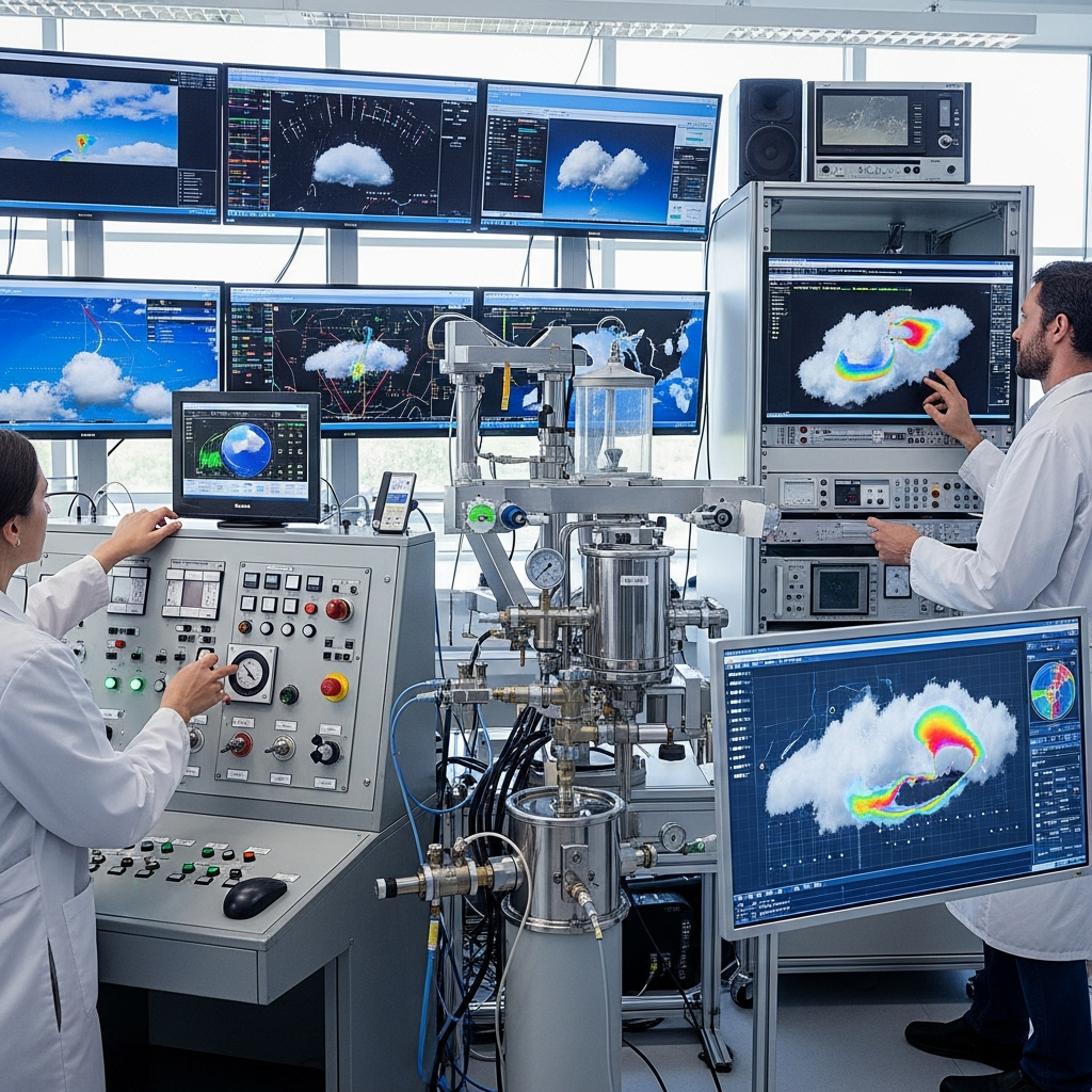 Scientists operating cloud seeding equipment in a modern meteorological laboratory, with weather monitoring screens and atmospheric data displays. Clean scientific environment with professional equipment, natural lighting, no text in image.