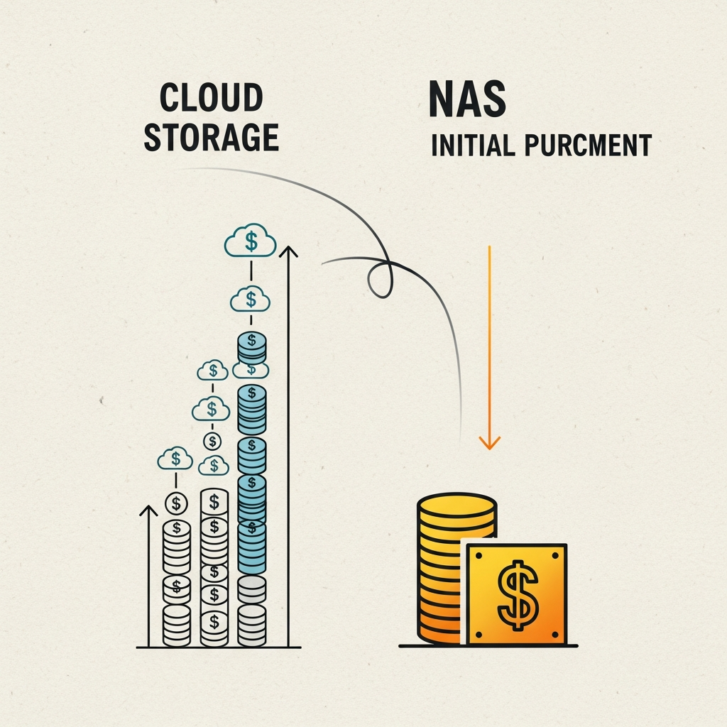 Clean infographic, modern layout, high contrast, comparing cloud storage costs (monthly fees, recurring) versus NAS initial investment (one-time purchase). Visually represents significant long-term savings with NAS. Textured background. No text.