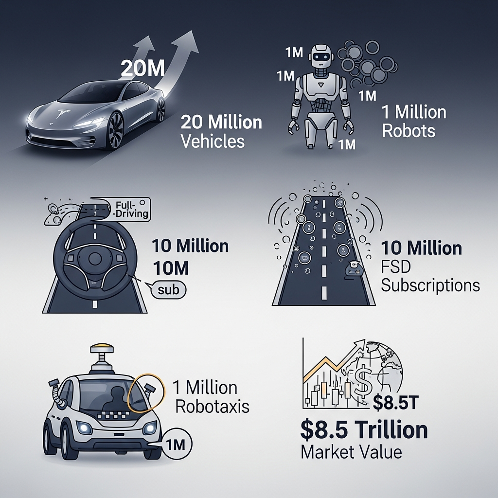 A dynamic infographic showcasing five distinct futuristic icons representing Tesla's goals: 20 million vehicles, 1 million robots, 10 million FSD subscriptions, 1 million Robotaxis, and an $8.5 trillion market value. Each icon is distinct but part of a unified, clean design. Style: clean infographic, modern layout, high contrast. No visible text. Colored gradient background, minimal empty space. Bright, balanced lighting.