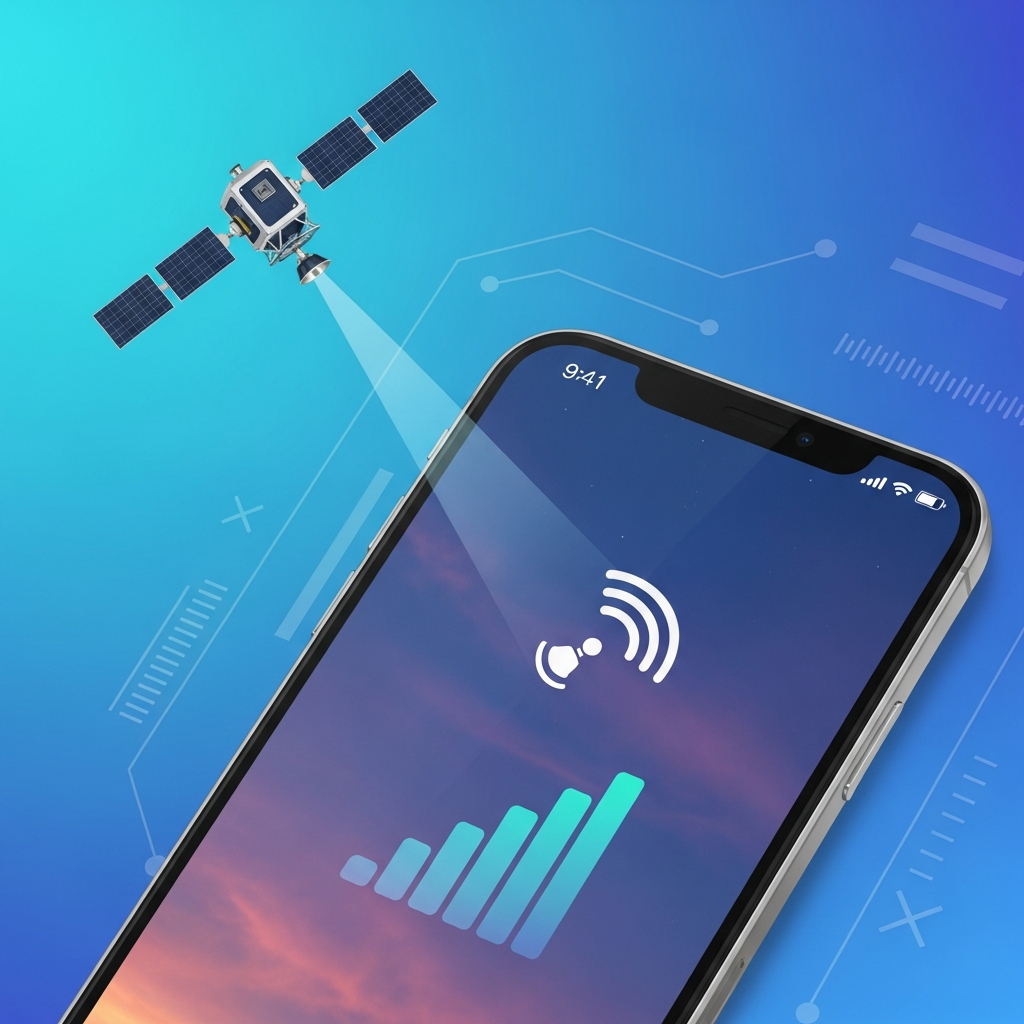 A modern smartphone screen displaying a satellite icon and strong signal bars, connected via a beam to a stylized low-earth orbit satellite in the sky. The background is a vibrant gradient with subtle tech patterns. Style: clean infographic, modern layout, high contrast. No text. No visible text on phone screen.