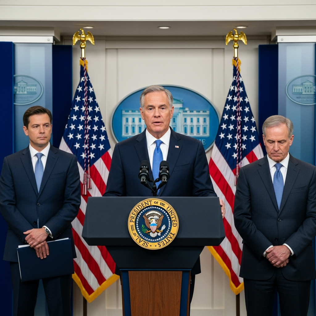 Professional scene of US presidential pardon announcement, showing official White House setting with American flags, formal podium, and serious governmental atmosphere. Clean lighting, no text.
