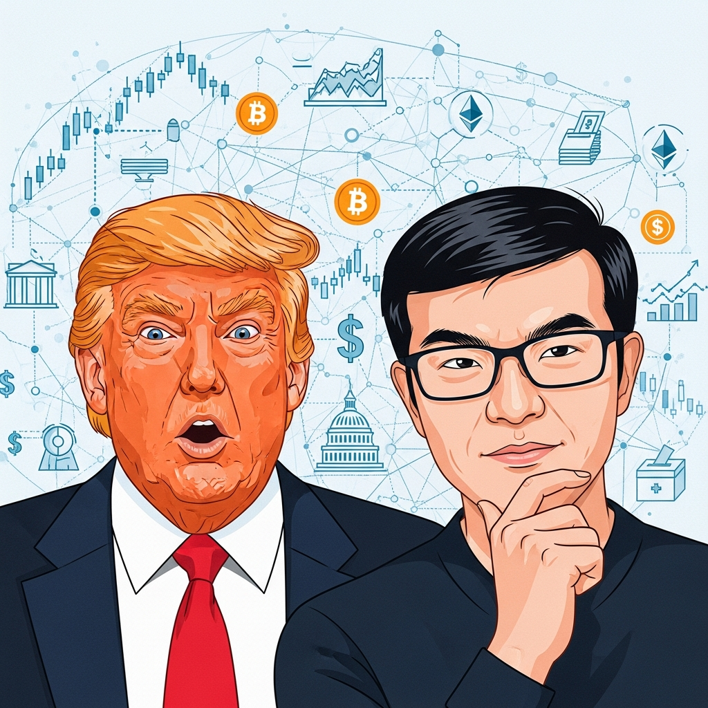 A thought-provoking illustration of Donald Trump and Changpeng Zhao, each in their distinctive style, with a subtle background suggesting a complex web of finance and politics. Focus on their expressions, conveying surprise and strategic thinking. Clean infographic, modern layout, high contrast. No text.