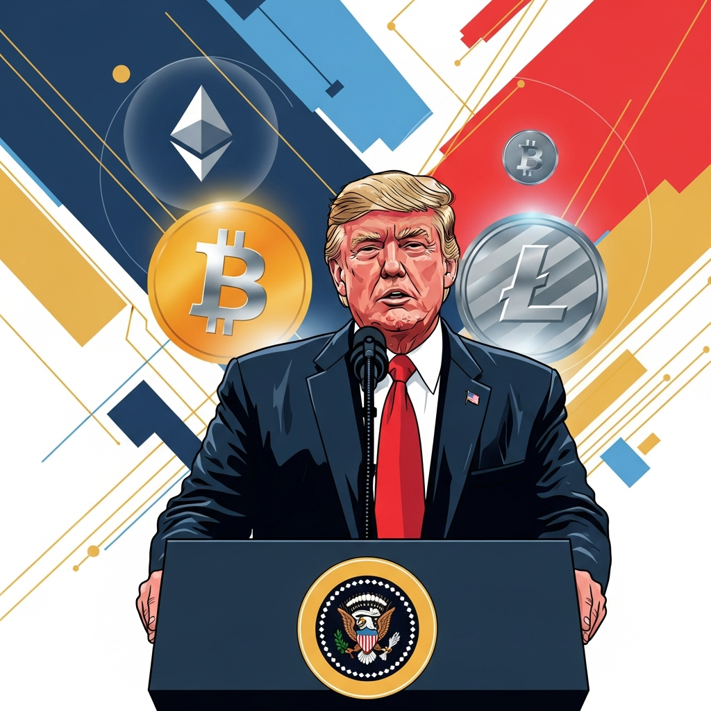 An infographic illustrating Donald Trump speaking at a podium, surrounded by subtle cryptocurrency symbols and a backdrop suggesting economic policy. Focus on a confident posture and a dynamic, modern layout. Clean infographic, modern layout, high contrast. No text.