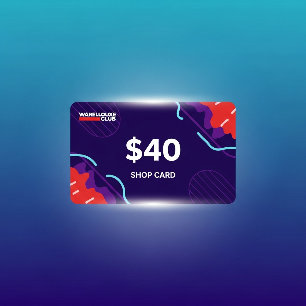 A visually appealing, clean infographic showing a digital $40 gift card or shop card. The card design is modern and vibrant, with subtle patterns reminiscent of a major warehouse club. It should appear glowing slightly to emphasize value. High contrast, modern layout, gradient background, no text.