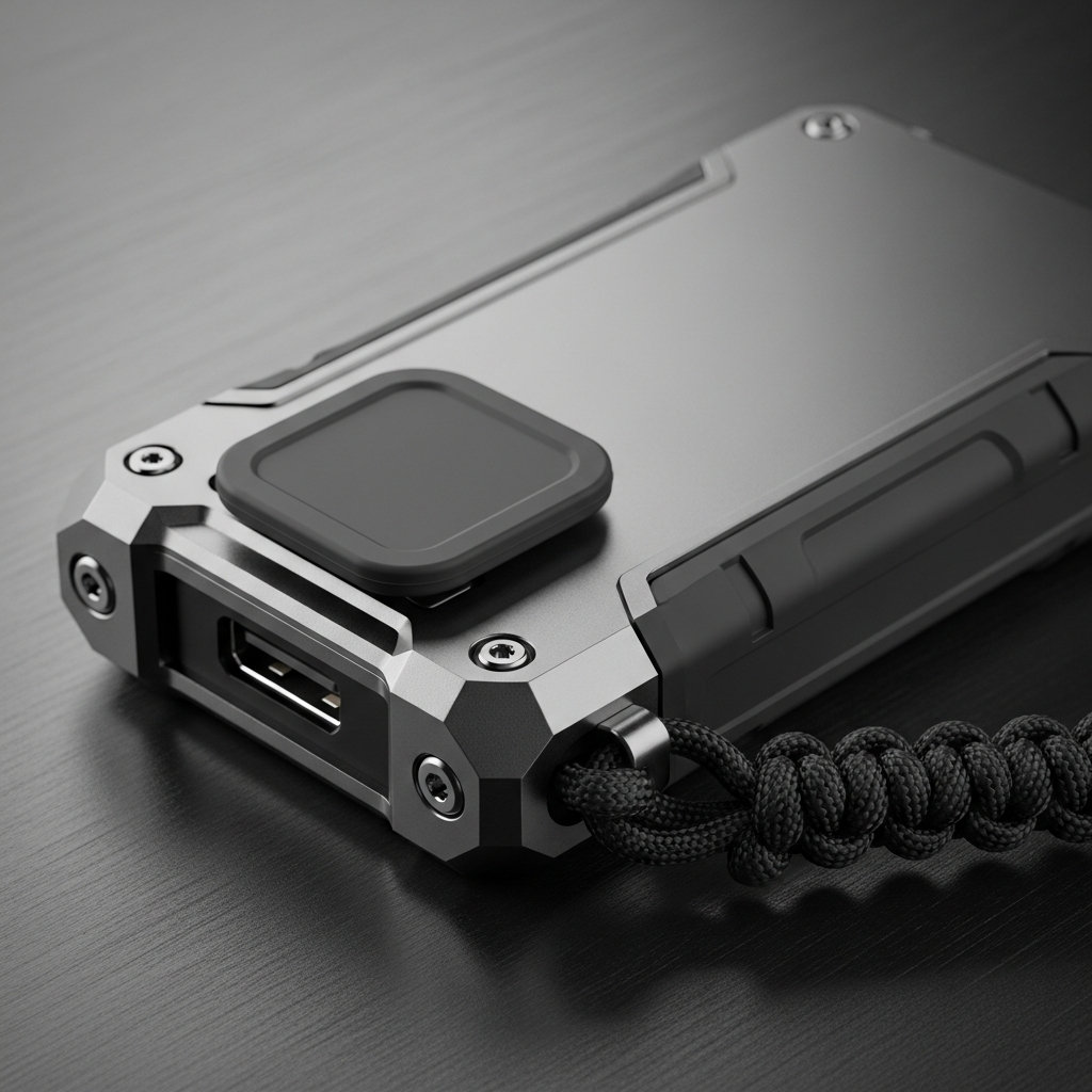 A close-up of a rugged, compact USB-C portable SSD, featuring its dust cover and lanyard. The design emphasizes durability and portability. The background is a subtly textured, dark metallic surface. Style: lifestyle photography, balanced lighting. No text.