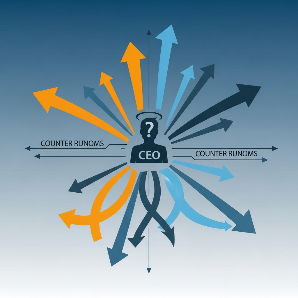 An infographic showing conflicting arrows pointing in different directions, symbolizing rumors and counter-rumors about a CEO's retirement. A central figure with a subtle question mark. Style: clean infographic, modern layout, high contrast. Background: blue and grey gradient.
