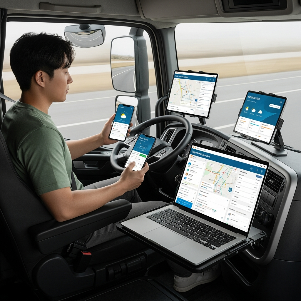 A modern Korean truck driver in his cabin, looking at multiple digital screens (laptop, tablet, smartphones) showing freight matching apps. The cabin is clean and functional. Lifestyle photography, natural light. No text.