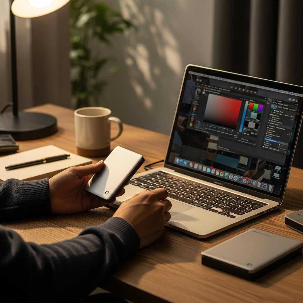lifestyle photography, warm lighting, natural setting, showing a person holding a small portable hard drive next to a MacBook, and a larger desktop hard drive on a desk setup. Textured background.