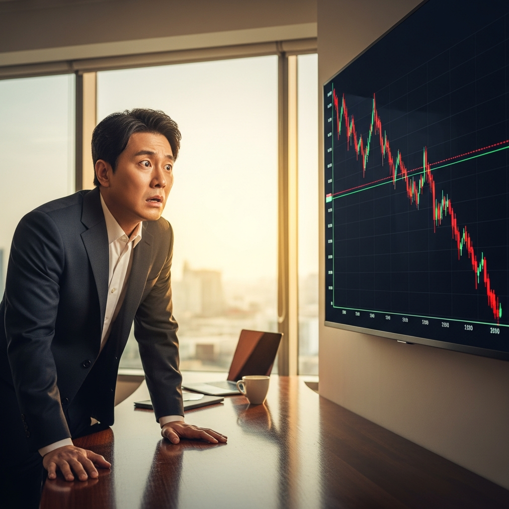 A Korean investor in a modern office setting, looking shocked and worried while observing a sharp downward trend on a stock market graph displayed on a large screen. The graph clearly shows a steep decline. Style: lifestyle photography, warm lighting, natural setting. No visible text.