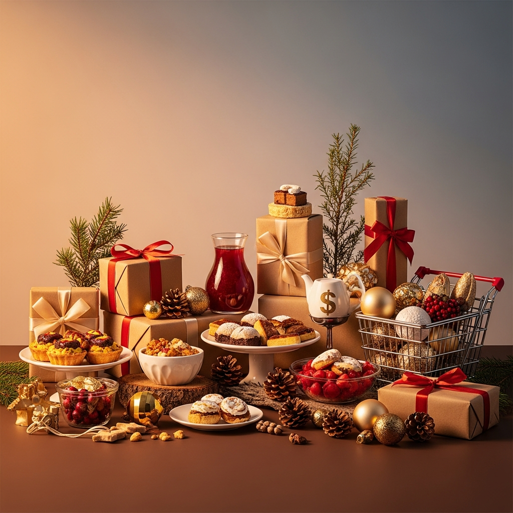 An artful arrangement of diverse holiday-related items such as wrapped gifts, festive food, and elegant decorations. A subtle element of a shopping cart or basket could be integrated, symbolizing savings and abundance. The composition should be visually rich and appealing. Lifestyle photography, warm lighting, natural setting, gradient background, no text.