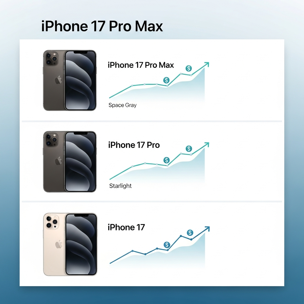 A modern, clean infographic illustrating the strong sales of "iPhone 17 Pro Max," "iPhone 17 Pro," and "iPhone 17" models. Upward trend lines and dollar signs subtly convey success. The background features a sophisticated gradient. No visible text on devices. Korean appearance, natural expression.