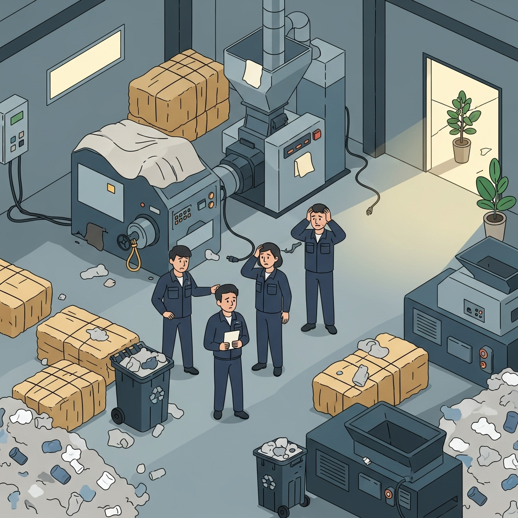 A thought-provoking infographic showing a struggling Korean plastic recycling factory, with some machines stopped and workers looking concerned. The overall atmosphere is challenging, yet a small, hopeful light shines in the background. Style: clean infographic. No text.