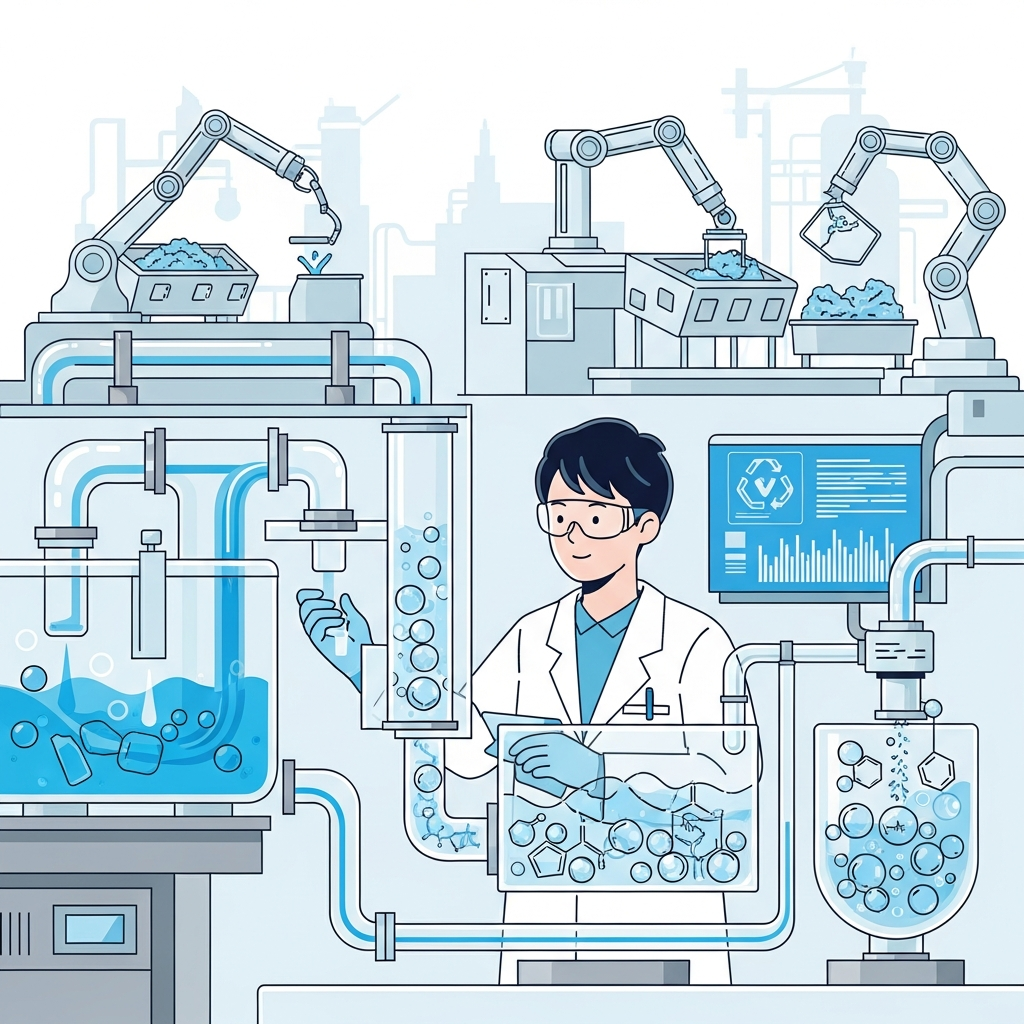 A dynamic illustration showing a Korean scientist or engineer working in a modern, clean plastic recycling facility, demonstrating innovative processes like chemical recycling. Emphasize the advanced technology and sustainable solutions. Style: clean infographic. No text.