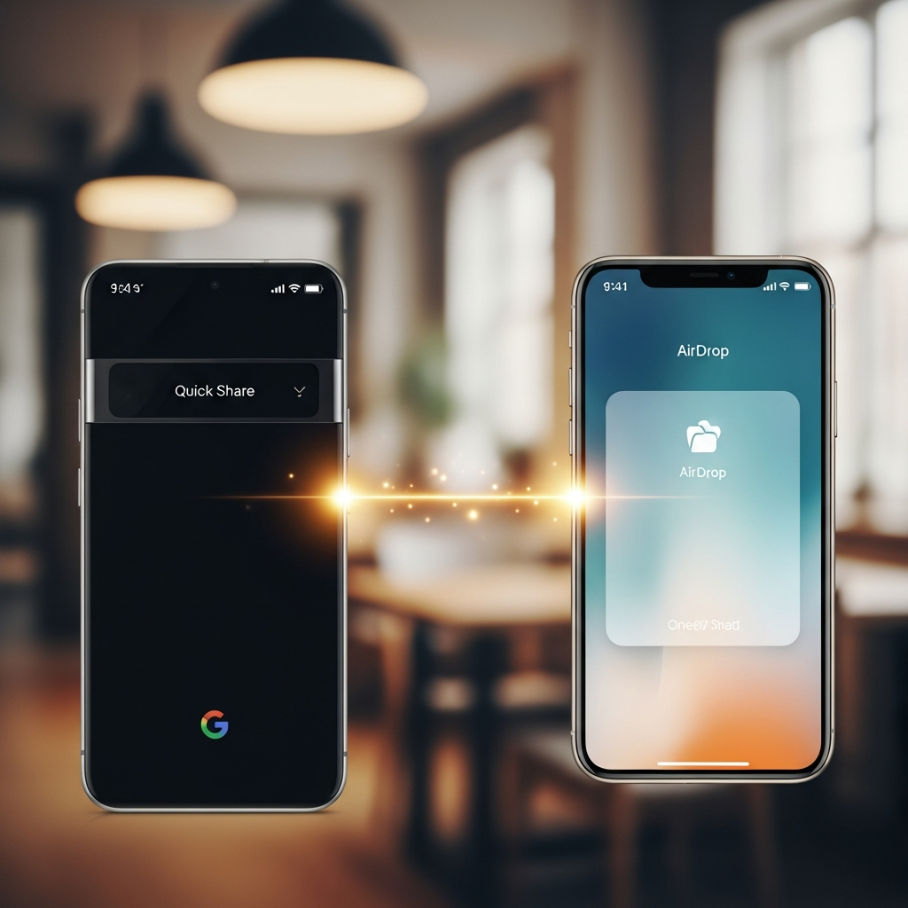 A Google Pixel 10 phone and an iPhone are shown in close proximity, with a glowing digital line connecting them, symbolizing active file sharing. The Pixel 10 screen displays a 'Quick Share' interface, and the iPhone screen displays an 'AirDrop' interface, both with minimal, English-only UI elements. The background is a soft, blurred office or cafe setting with warm lighting. Style: lifestyle photography, warm lighting, natural setting. No visible text in image, except minimal English UI.