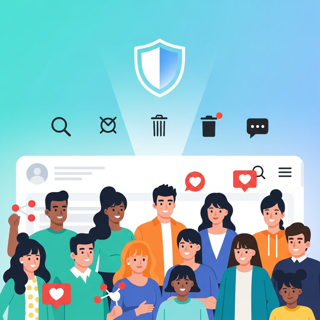 A diverse group of Korean people, including young adults and teenagers, interacting positively and safely on Pinterest, represented by stylized icons. Above them, a digital interface with moderation tools and a protective shield symbol. Illustration style, no text.