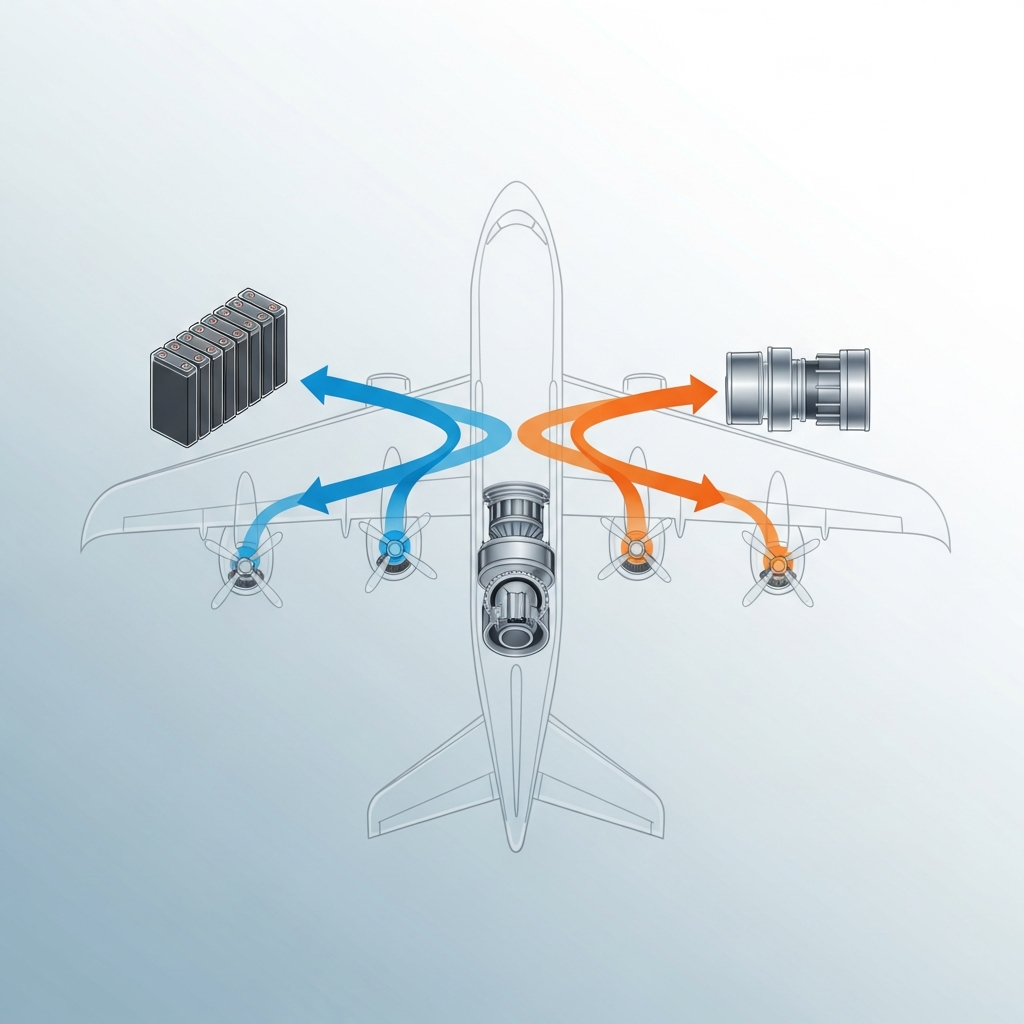 A detailed infographic illustrating the hybrid propulsion system of an airplane. Show batteries, electric motors, and jet fuel engines working in conjunction, with arrows indicating power flow. Use a clean, modern style with a gradient background. No text.