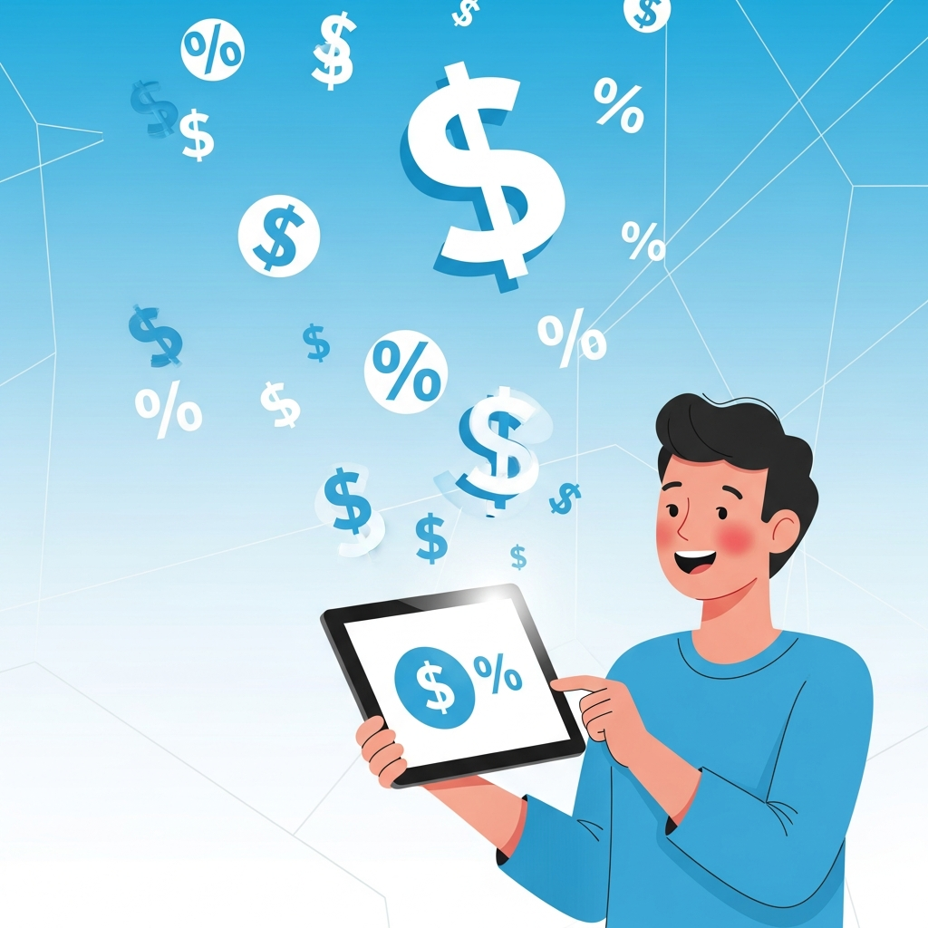 A clean infographic showing a person happily holding an iPad with dollar signs and percentage symbols floating around, indicating student discounts. The background has a subtle gradient and modern lines. Style: clean infographic, modern layout, high contrast. No visible text in image.