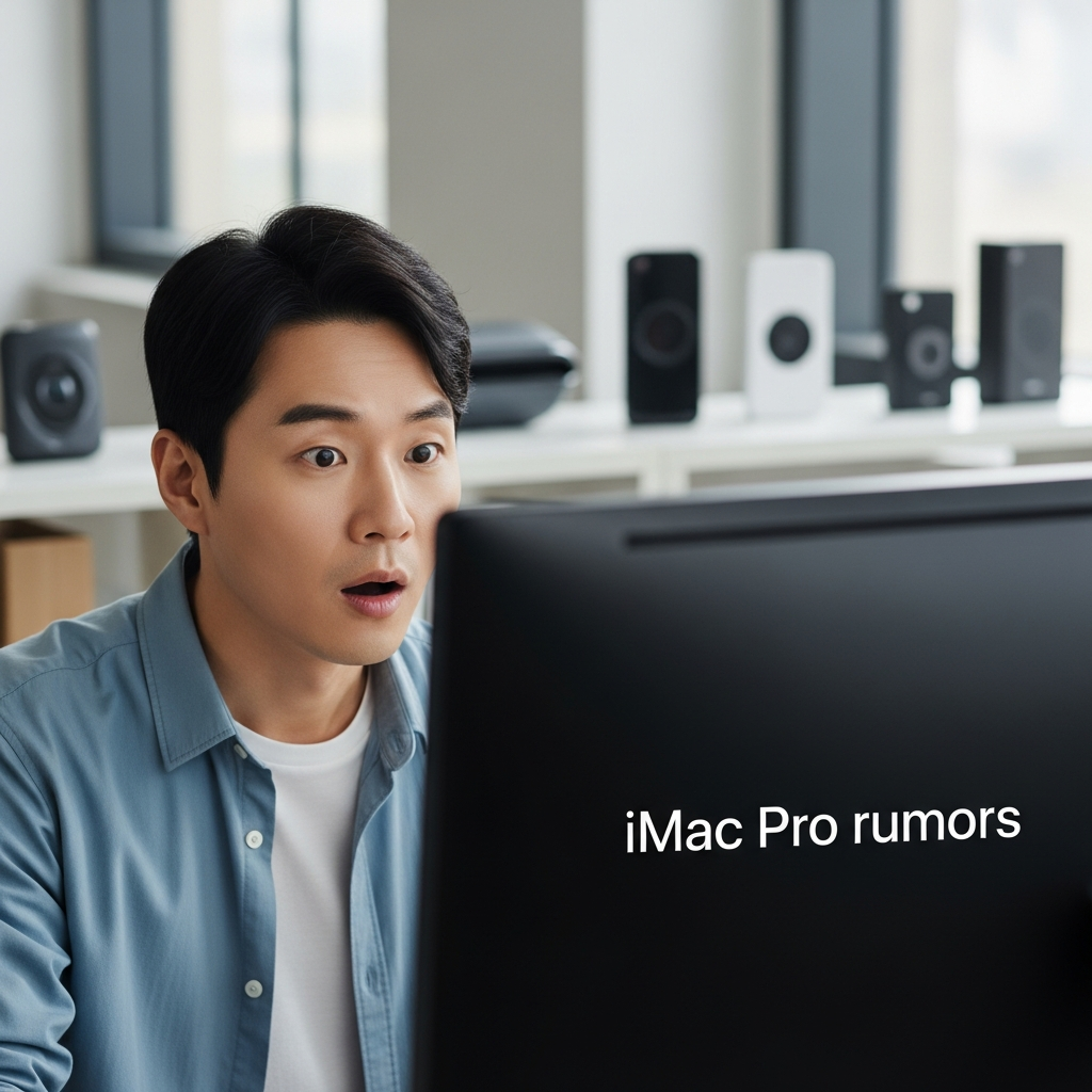 A Korean man with a surprised expression looking at a news article on a large monitor, which displays text about "iMac Pro rumors". The man is in a modern office setting with natural lighting, a blurred background of tech gadgets, and a clean, dynamic composition. No visible text on the monitor screen itself.