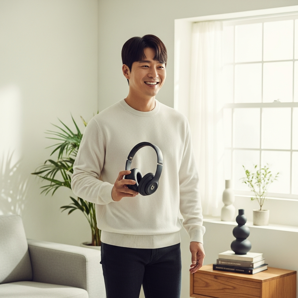 A Korean man in a casual outfit, holding a pair of Beats Studio Pro headphones with a genuine smile. He is standing in a brightly lit, modern living room. Style: lifestyle photography. No visible text.