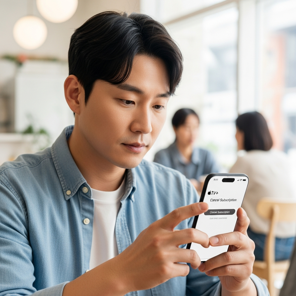 A Korean man in his 30s is looking at his smartphone screen, which clearly shows the "Cancel Subscription" option for Apple TV+ within the settings menu. He has a focused expression, ensuring he completes the process correctly. The setting is a bright, modern cafe with a soft-focused background, depicting everyday life. Style: lifestyle photography, natural lighting, clear visuals. No visible text.