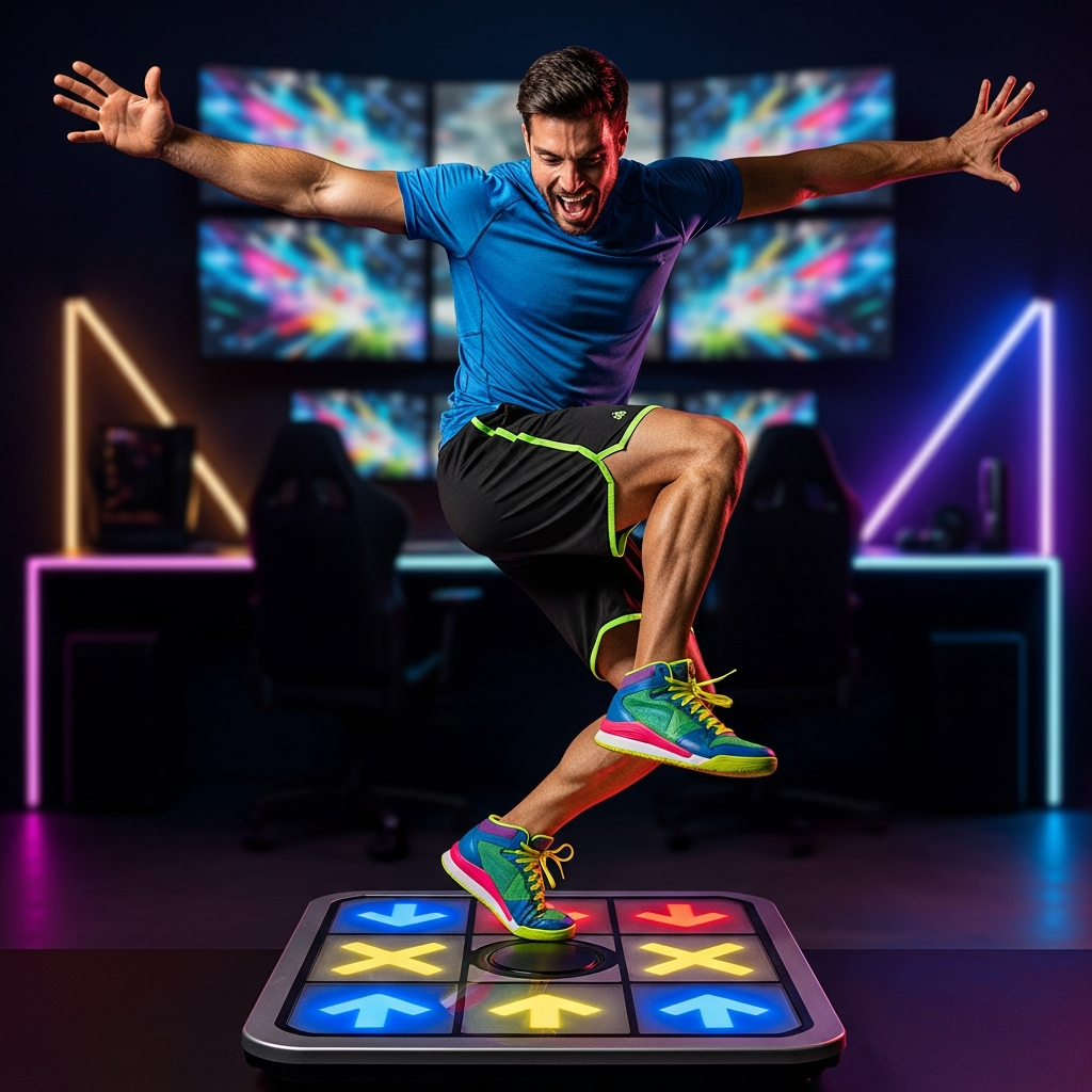 A man enthusiastically playing Dance Dance Revolution on a brightly lit dance pad, with a dynamic, energetic pose. The background features subtle neon lights and a modern gaming setup. Style: vibrant lifestyle photography, high energy. No text.