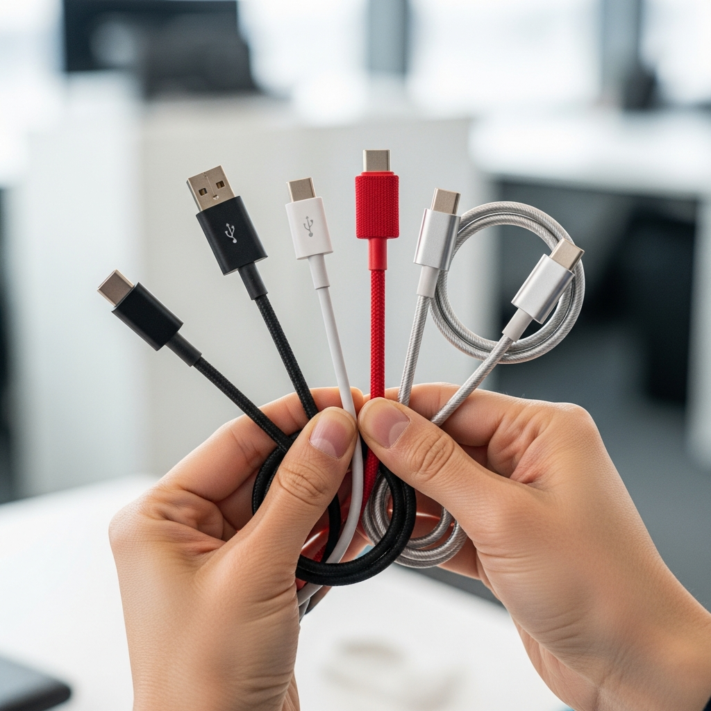A Korean person's hands holding and comparing different types of USB-C cables against a modern, blurred office background. The cables vary in color and texture, highlighting their unique features. Bright, natural lighting is used. No text. No visible UI elements.