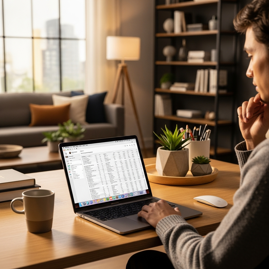 lifestyle photography, warm lighting, natural setting, a person sitting comfortably in a modern home office, checking a macOS compatibility chart on their MacBook. The scene is relaxed, focused on technology use, with good depth of field. No text, centered focus, visually rich.