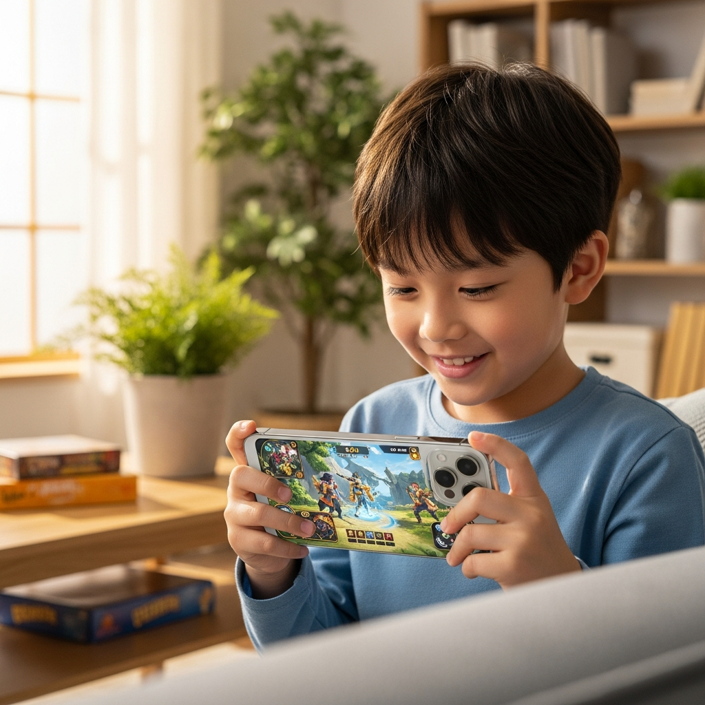 A young Korean boy happily playing a game on an iPhone, with vibrant, detailed graphics on the screen. The background is a cozy living room with natural light. Lifestyle photography, no text.