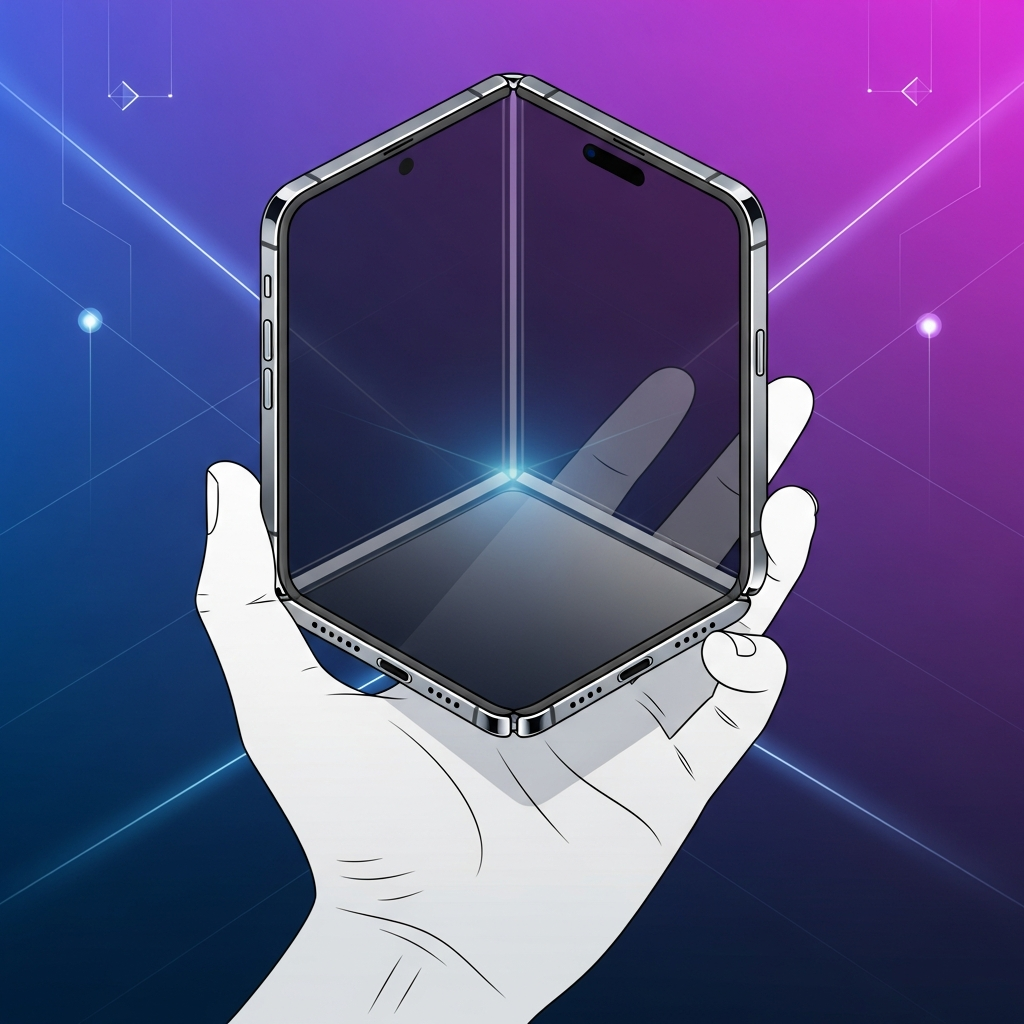 A sleek, modern foldable iPhone in a clamshell design, with a user's hand holding it. The background is a futuristic, gradient-colored setting, showcasing advanced technology. No text, clean infographic style.