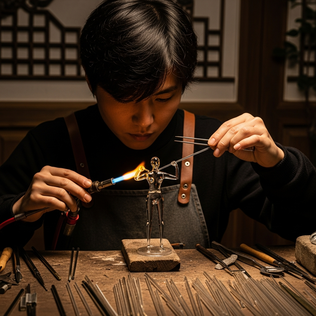 A Korean artist meticulously crafting a delicate glass model, showcasing human ingenuity and traditional art techniques. The scene has warm, focused lighting and a textured background, emphasizing the creative process. No text.