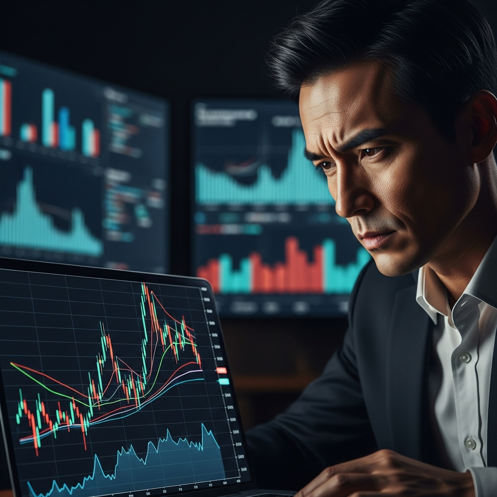A serious-looking Korean investor observing stock market graphs on a laptop, with a concerned expression. The background shows blurred financial news feeds. Style: clean infographic, modern layout, high contrast. No visible text, only data visualizations if absolutely necessary and without text labels.