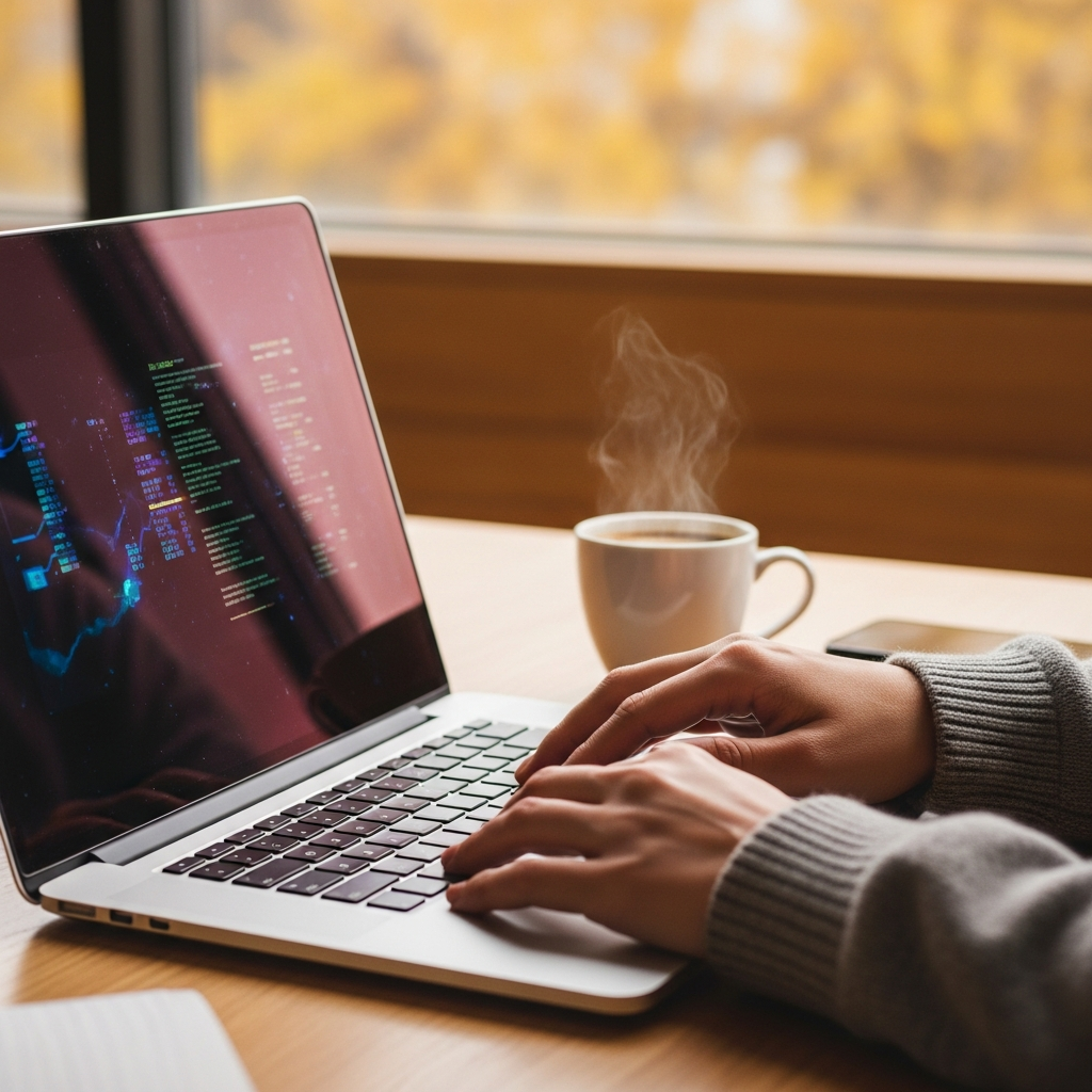 A cozy, warm-lit scene of a person's hands gently resting on a laptop keyboard next to a steaming cup of coffee. The laptop screen shows abstract, colorful data or a reflective image, not actual text. The background is a soft, blurred autumnal scene or a modern office with warm wooden tones. Style: lifestyle photography, warm lighting, natural setting. No text.