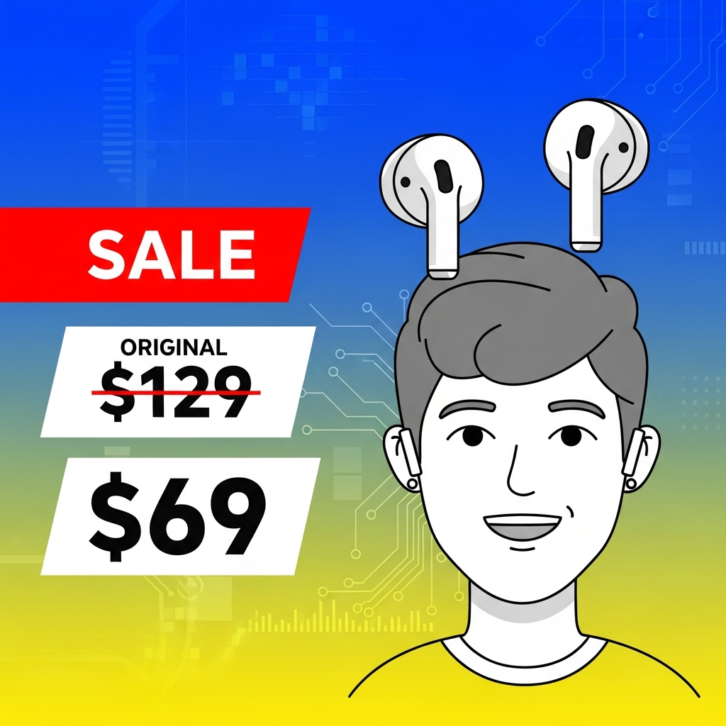 A modern infographic showing a person happily using AirPods 4, with price tags clearly indicating a significant discount from $129 to $69. The background is a vibrant gradient with subtle tech patterns. Style: clean infographic, modern layout, high contrast. No visible text, Korean appearance.
