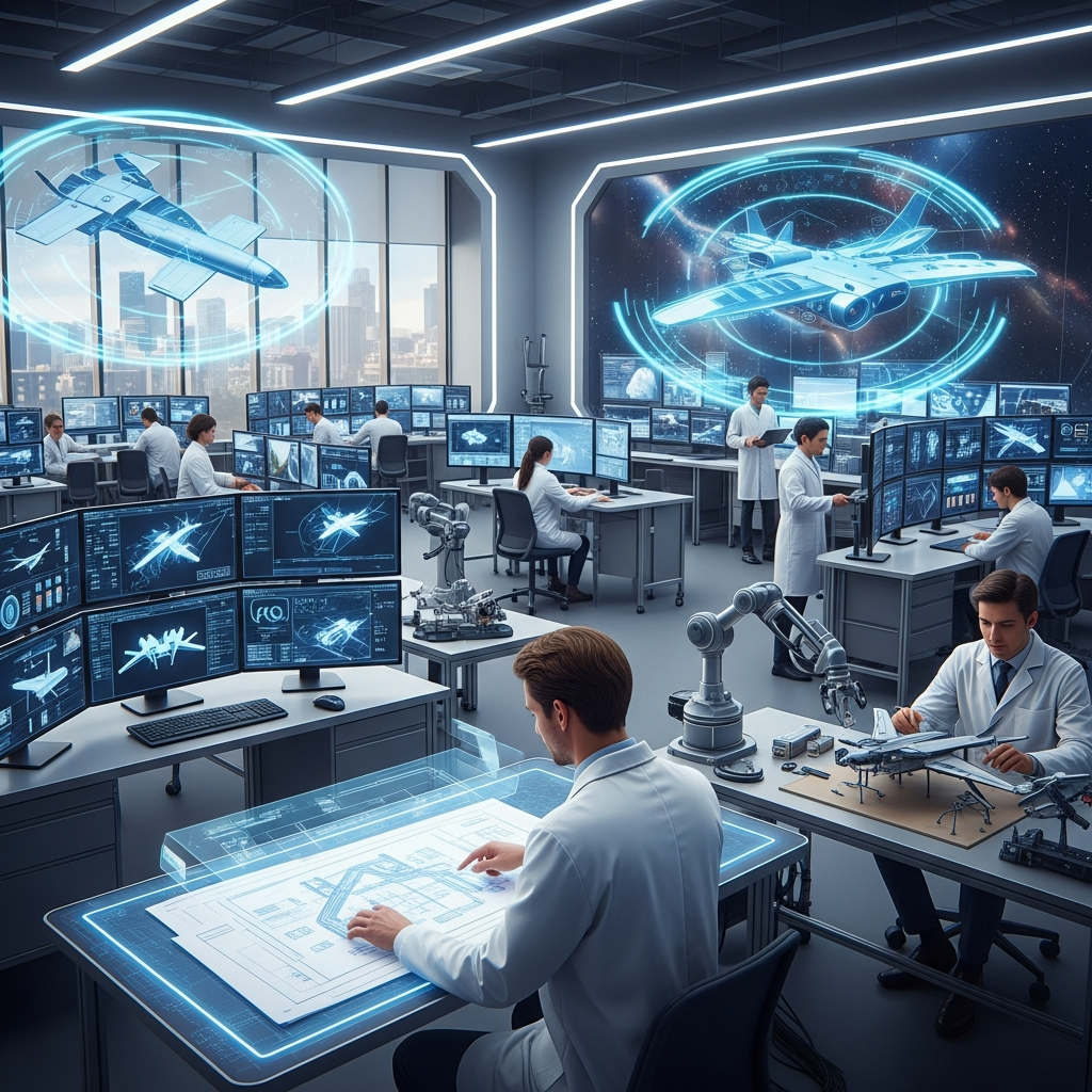 A bustling aerospace research and development lab with engineers in white lab coats analyzing blueprints and working on prototype aircraft models. Futuristic equipment and screens display data. Use bright, balanced lighting and a modern, high-tech background. No text.