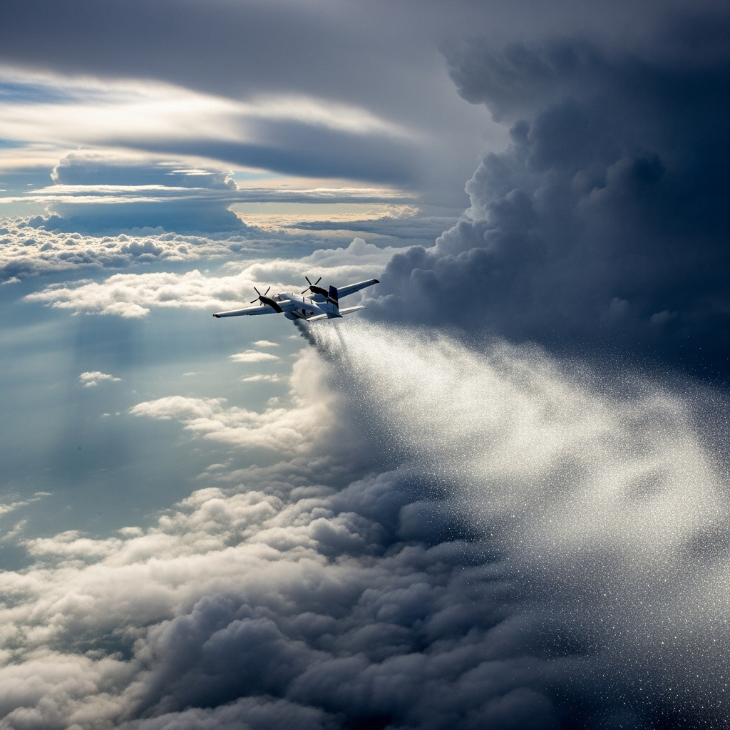 Aircraft releasing cloud seeding materials into storm clouds in the sky, dramatic cloudy atmosphere with silver particles being dispersed, aerial perspective showing weather modification in progress, no text in image.