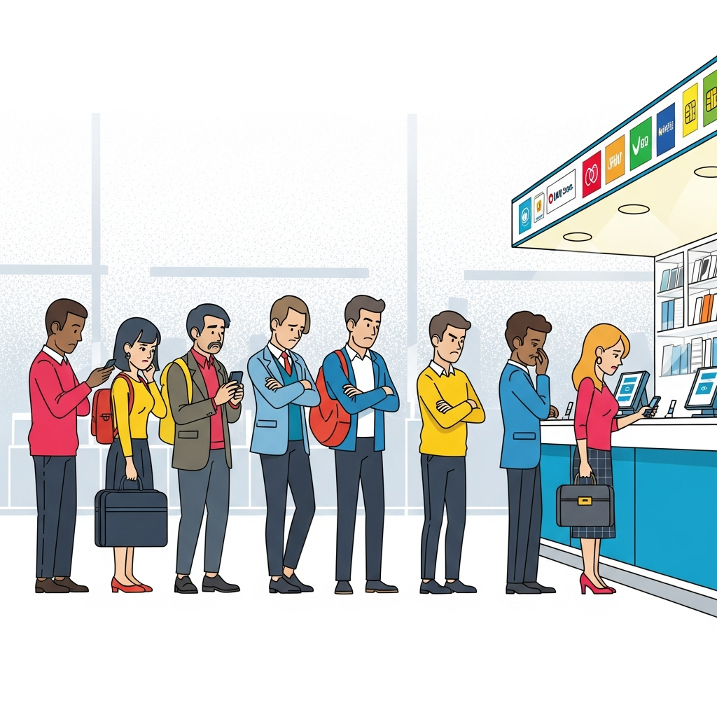 Clean infographic illustration showing a queue of diverse travelers looking frustrated at a counter selling SIM cards in a busy international airport. High contrast, modern layout, textured background, no visible text.