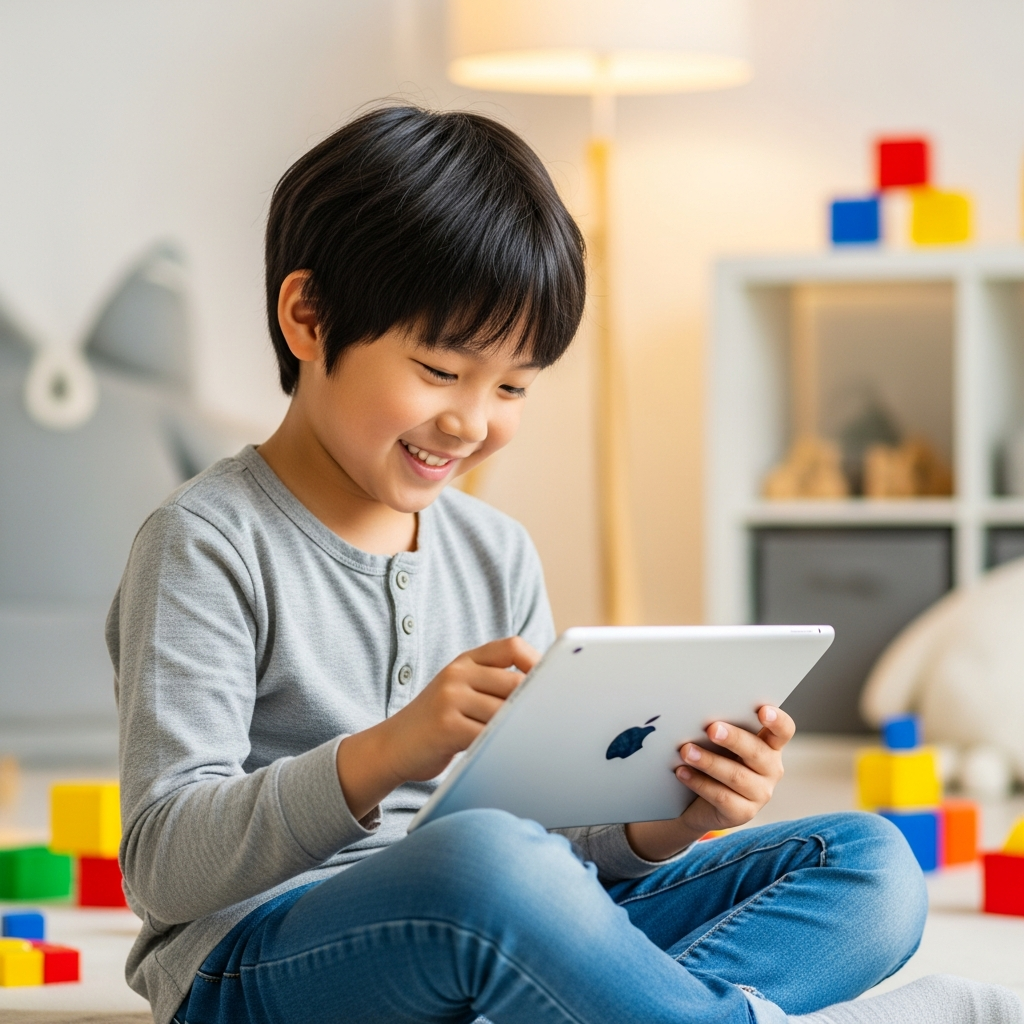 A cheerful Korean child, around 8-10 years old, happily interacting with an iPad. The child is smiling and engaged, possibly drawing or playing an educational game. The background is a bright, modern children's room with warm lighting, filled with playful elements like colorful blocks and soft toys. Style: lifestyle photography, natural setting.
