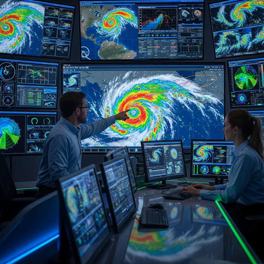 Advanced weather prediction system displaying hurricane tracking data on multiple screens, meteorologists analyzing storm patterns, high-tech control room atmosphere, colorful weather maps and satellite imagery, no text
