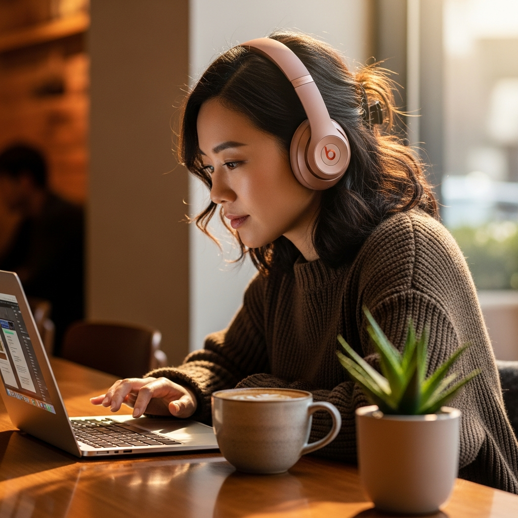 A Korean woman wearing Beats Studio Pro headphones, sitting in a cozy, modern cafe. She is focused on her laptop, with a warm cup of coffee nearby. The background is softly blurred. Style: lifestyle photography. No visible text.
