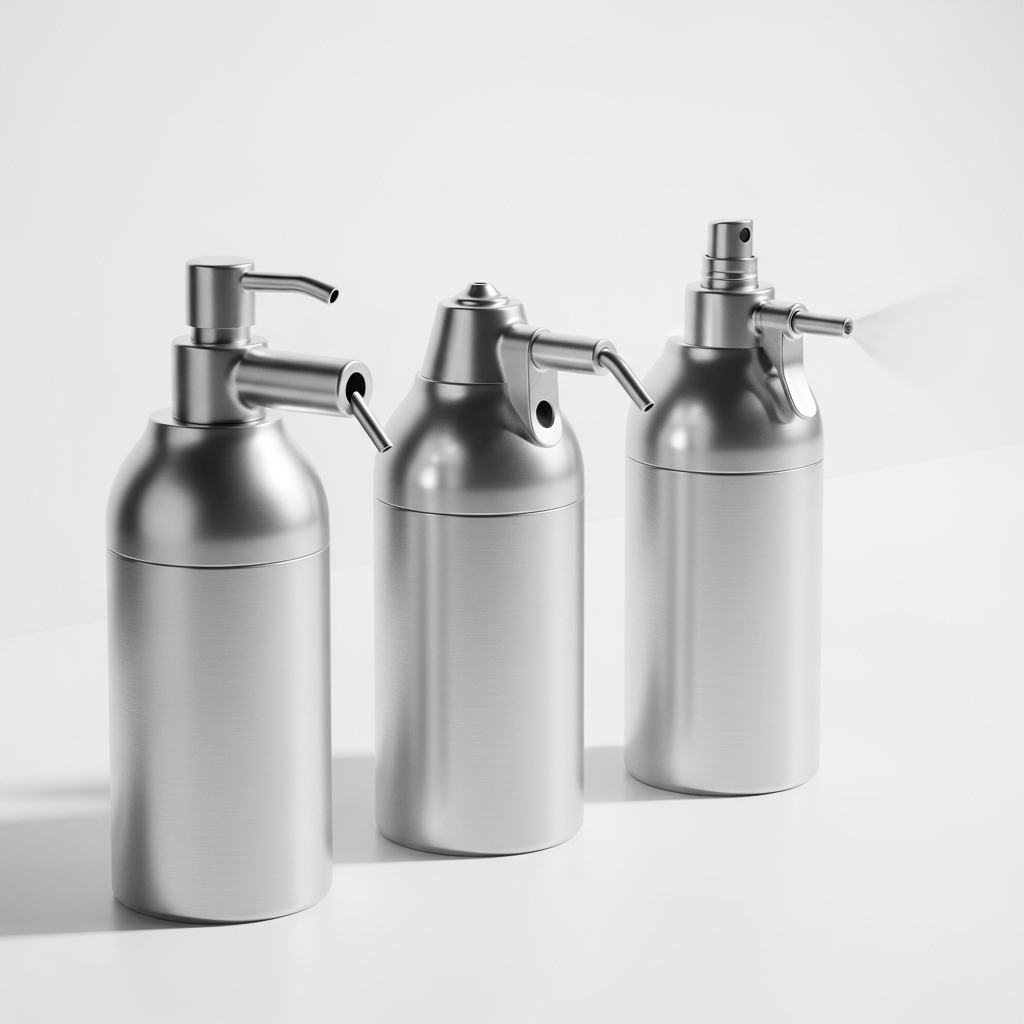A modern aluminum dispensing system with different types of dispensers - pump, squeeze, spray nozzle - attached to aluminum cans. Clean product photography style with soft lighting showing the innovative design. No text.