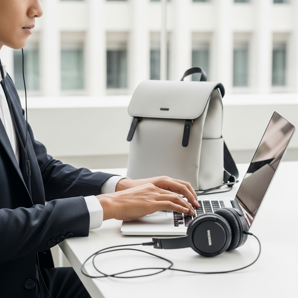 A person in a chic, modern setting, comfortably using a MacBook. A pair of premium headphones rests around their neck or on the desk, and a stylish, minimalist backpack is placed nearby. The scene conveys productivity and sophistication. Soft, diffused lighting, with a clean architectural background. No text.